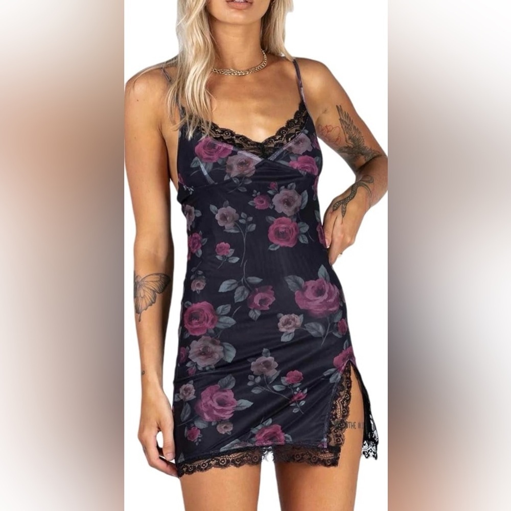 Motel Rocks Black Floral Lace Trim Mini Dress XS Goth Slip Y2K